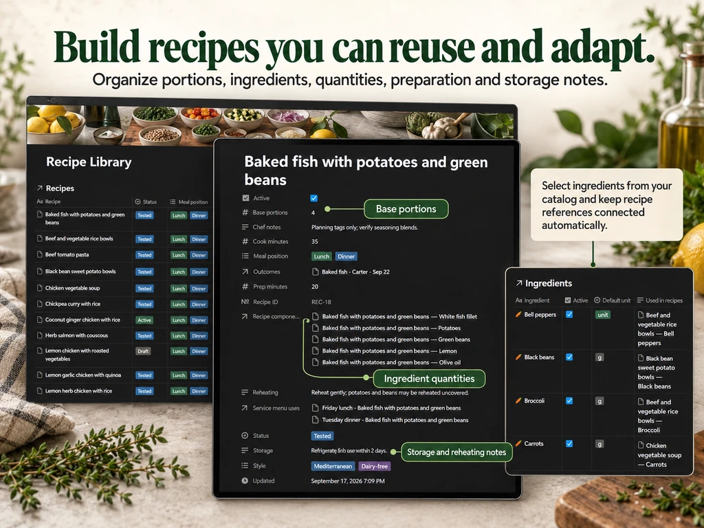 Recipe Library presentation showing base portions, ingredient quantities, preparation, storage and reheating notes.