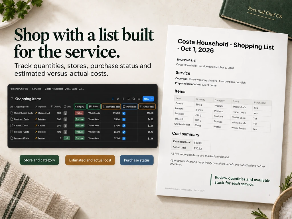 Shopping presentation comparing service-specific purchase records with the printable shopping list and cost summary.